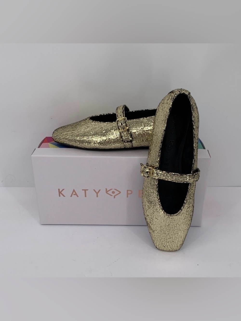 Katy Perry Evie maryjane flat shoe gold metallic crinkle vegan buckle new 9